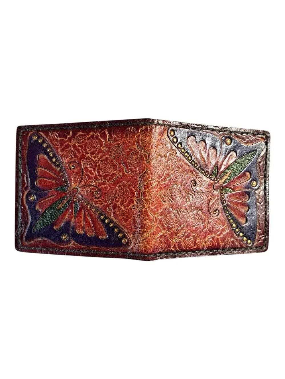 Hand Tooled Leather Butterfly Bifold Wallet